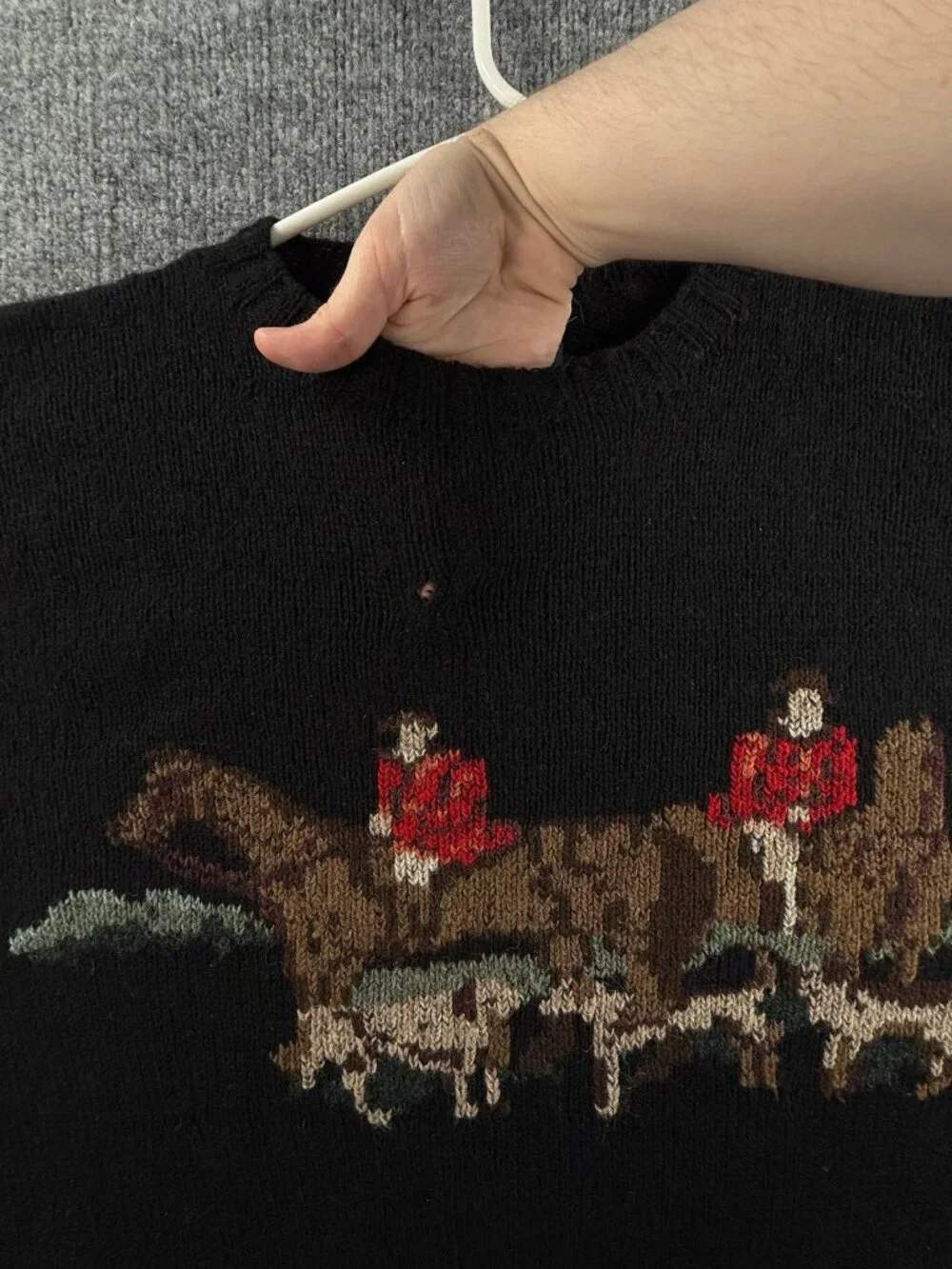 VTG Ralph Lauren Equestrian Fox Hunt Large Sweater Graphic Black Wool Hand Knit